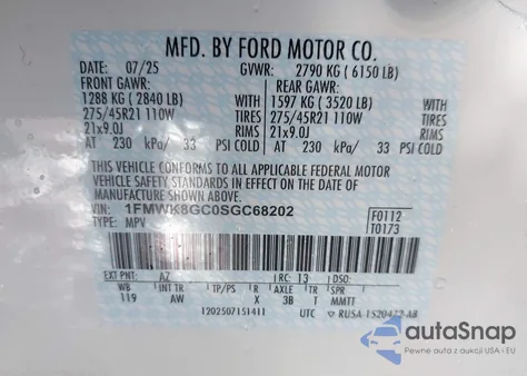 2025 Ford Explorer St из США, поврежденный, VIN 1FMWK8GC0SGC68202